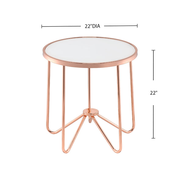 English Elm White White Frosted Glass Top Round Table with Retro Rose Gold Metal Base — Chic Accent End Table for Living Rooms, Durable Statement Piece B016P314016