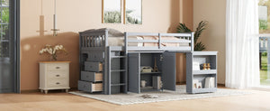 English Elm Twin Loft Bed Rubberwood Frame Pull Out Desk Storage Cabinet and Shelf Kids Room Grey W504S00287