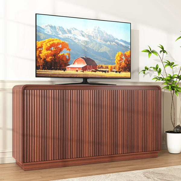 English Elm Black Fluted Wave Door Media Console with Built-in Power Outlet and Adjustable Shelving Walnut W409P452058