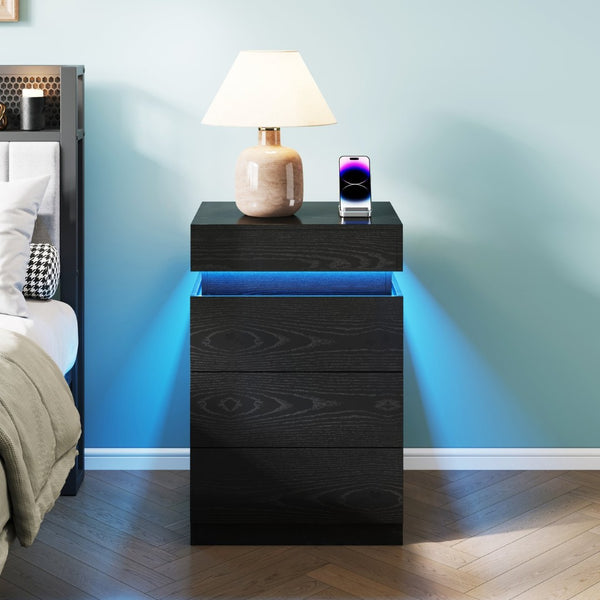 English Elm Nightstand with Rgb Led Lighting and Charging Hub Three Drawer Sleek Modern Bedside Black W5221P421223