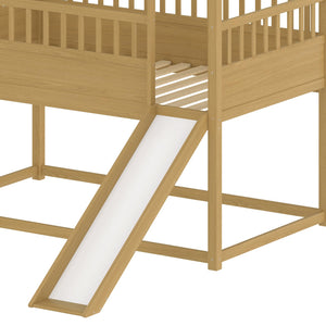 English Elm House Twin Bunk Bed with Built-In Slide and 3-Stage Ladder, Pine French Design with High Guardrail Safety Natural Wood W1858P241096