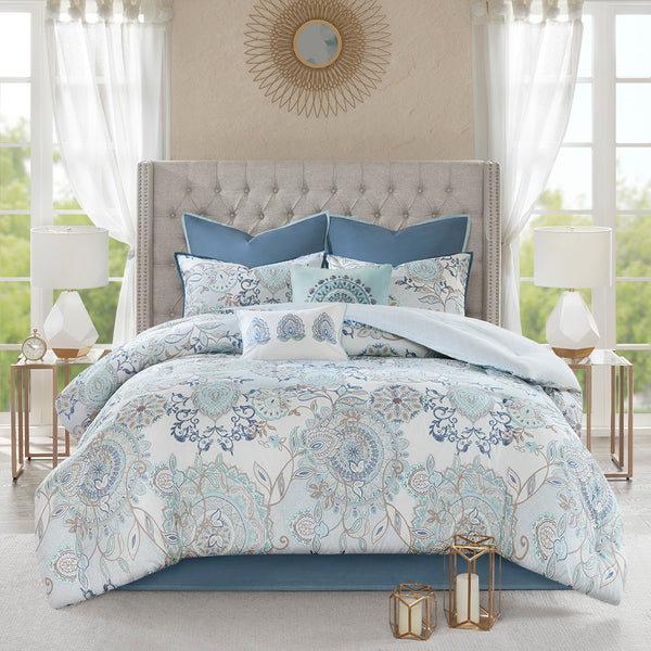 JLA Home Madison Park - 8 Botanical Cotton Reversible Comforter Set - 8-Piece Floral Medallion Ensemble, OEKO-TEX Certified, Shabby-Chic Style MP10-5805