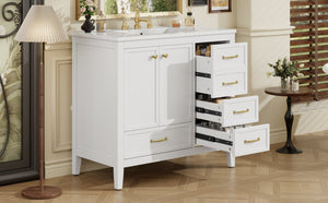 English Elm 36" Solid Pine Bathroom Vanity with Ceramic Sink 4 Soft Close Drawers Vintage Style White N759S293646K