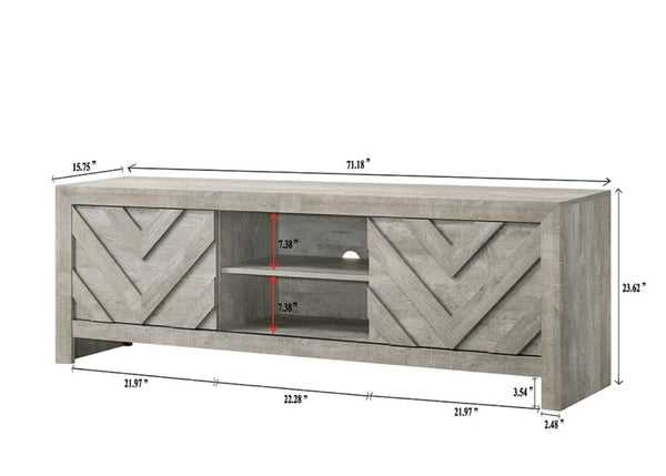 English Elm 1pc Rustic Geometric Chevron Entertainment Console TV Stand with Washed Wood Finish and Ample Storage Spaces Gray 70.16 L x 20.47 W x 31.42 H B2741P295483