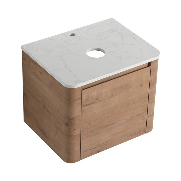 English Elm 24'' Wall-Mounted Bathroom Vanity with Soft-Close Door, Rounded Edges, Plywood Build, Space-Saving Design Imitative Oak W999P348976