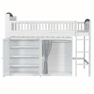 English Elm Twin Loft Bed with Wardrobe Cabinet Led Lighting and Pine Frame for Kids Rooms White N7090002235K