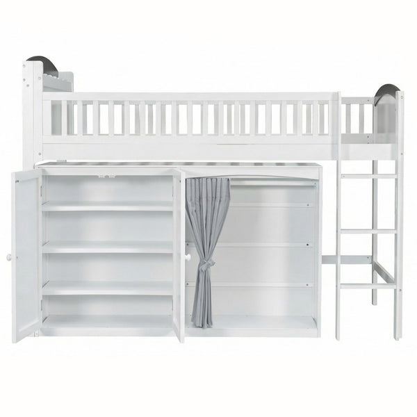 English Elm Twin Loft Bed with Wardrobe Cabinet Led Lighting and Pine Frame for Kids Rooms White N7090002235K