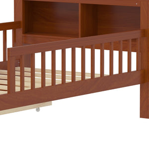 English Elm Twin Bed With Walnut Finish, Headboard Storage, Two Under-Bed Drawers & Safety Guardrails For Kids N733P272374D-GIGA