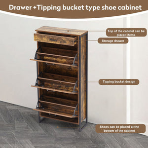 English Elm Shoe Cabinet Slim 3-Flip Drawers with Top Drawer and Metal Handles, Rustic Brown Entryway Organizer W2948P245242