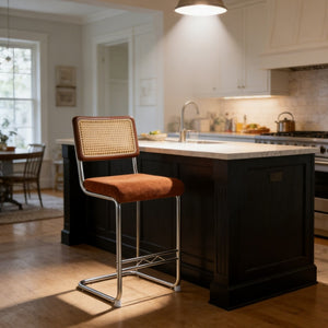 English Elm Natural Rattan Backrest Counter Stools Set of Two with Velvet Seat and Chrome Legs W2920P395621
