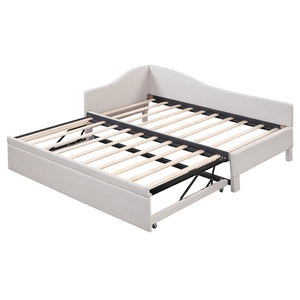 English Elm Twin L-shaped Linen Upholstered Daybed with Hydraulic Pop-up Trundle for Guest Rooms Beige SF000193AAA-1