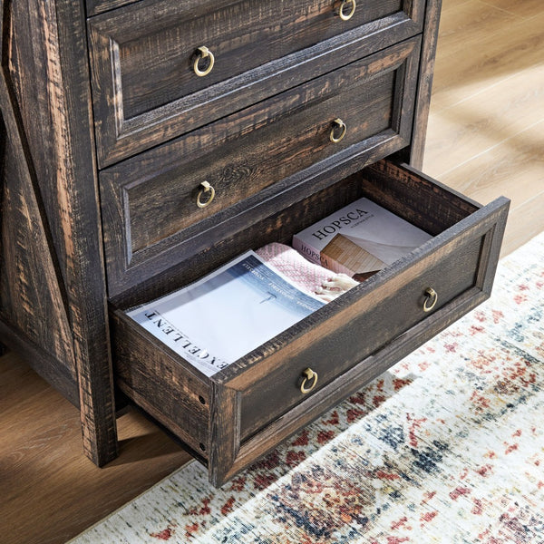 English Elm Farmhouse Tall Five Drawer Chest Rustic Oak Barn Door Style Organizer for Bedroom W2393P197394