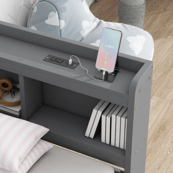 English Elm Twin Size L-Shaped Bookcase Bed With Usb Charging, Drawers, And Stylish Grey Finish For Modern Rooms W504S00218-GIGA