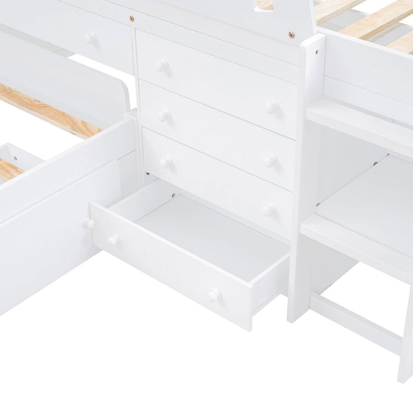 English Elm L-shaped Twin Loft Platform Bed with 7 Drawers Full Guardrails Kids White Pine LT000853AAK