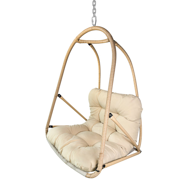 English Elm without Swing Egg Chair Rattan Hanging Patio Basket with C-Bracket, Foldable, Cup Holder, Cushions, Durable Metal Frame Beige+yellow W2707P388602