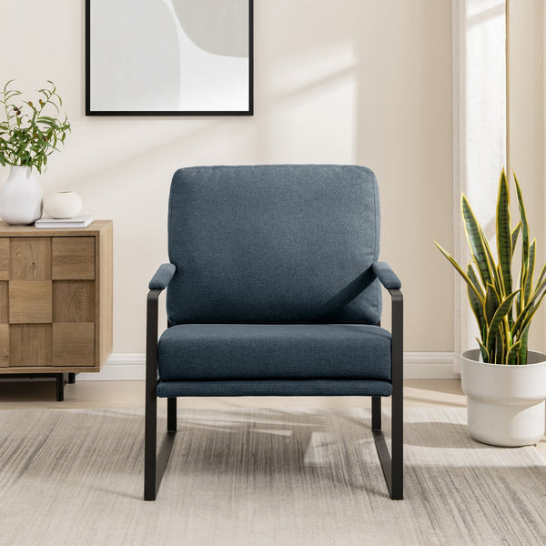 English Elm Walker Edison - Contemporary Indigo Blue Square Metal Frame Accent Chair with Upholstered Arms, Steel Frame, Easy Assembly B185P169254