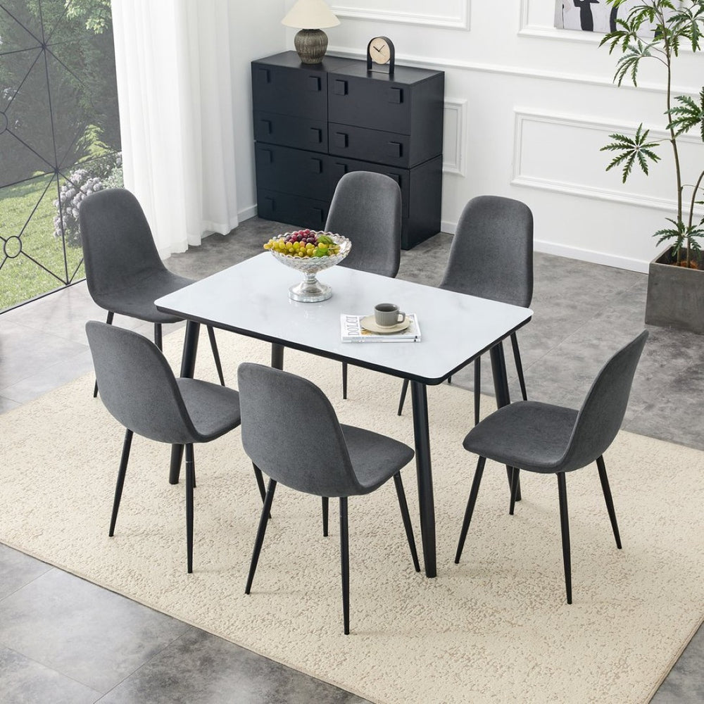 English Elm Table and Chair Set Marble Glass Top with Six Gray Linen Seats Modern Dining W1151S04656