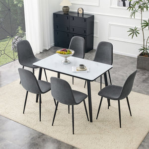 English Elm Table and Chair Set Marble Glass Top with Six Gray Linen Seats Modern Dining W1151S04656
