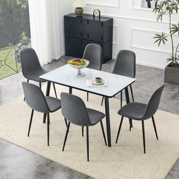English Elm Table and Chair Set Marble Glass Top with Six Gray Linen Seats Modern Dining W1151S04656