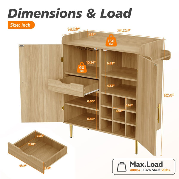 English Elm Modern Fluted Bar Cabinet with Wine Rack Glass Holders Adjustable Shelving and Hidden Drawer Natural N728P438606N