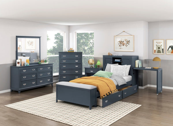 English Elm Navy Solid Wood Five Drawer Vertical Chest Polished Hardware Modern Bedroom Storage B011P462896