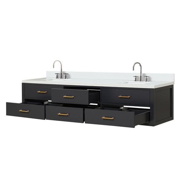 English Elm Black Double Bath Vanity With White Quartz Top, Chrome Faucets & Soft-Close Drawers - 84" W B2731P258143