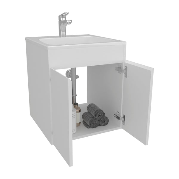 English Elm Bathroom Vanity Meka 45 Wall-Mounted White MDF, Two Drawers + Open Shelf for Small Bathrooms, Modern Durable Storage B200P313682