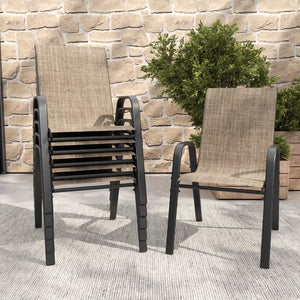 English Elm 7-piece Outdoor Dining Set with Wood-grain Steel Table Umbrella Hole Six Ergonomic Chairs Black+Brown W3979S00042