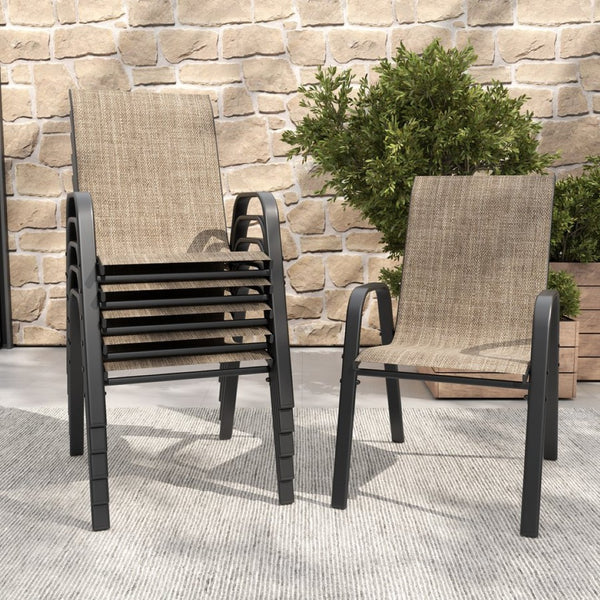 English Elm 7-piece Outdoor Dining Set with Wood-grain Steel Table Umbrella Hole Six Ergonomic Chairs Black+Brown W3979S00042