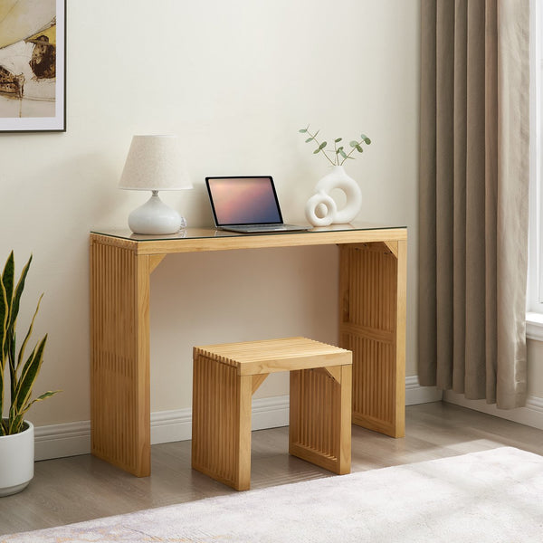 English Elm Pine Multi-Use Dining Bench & Table Set with Tempered Glass, Compact 51.6"L Rustic Wood for Entryway W2275P192310