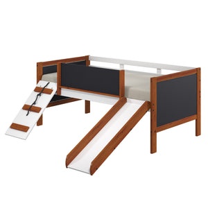 English Elm Aurea Cherry Oak & White Twin Loft Bed with Slide, Built-In Chalkboards, Storage Toy Boxes, Ladder B2726S00077