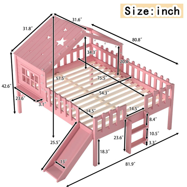 English Elm Twin Playhouse Loft Bed Solid Pine Frame with Slide Led Lights and Star Roof Pink W5316S00006