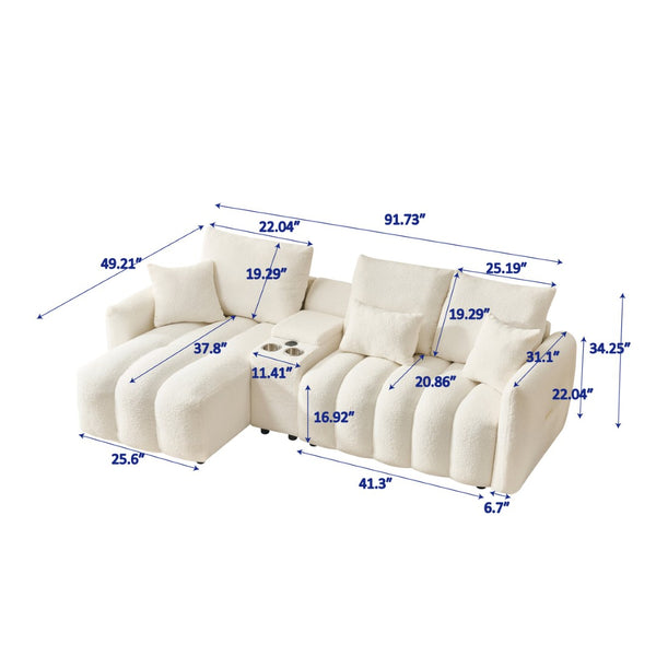English Elm 92-inch Teddy Fleece L-shaped Sectional Sofa with Usb Console for Living Rooms W2564S00034