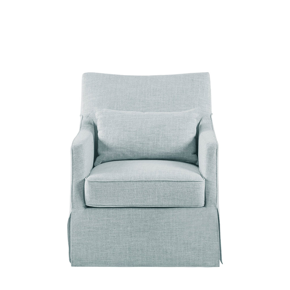 JLA Home Martha Stewart - London Upholstered Skirted Swivel Armchair by Martha Stewart — Linen-Look Fabric, 360° Quiet Rotation, Plush Lumbar Support Light Blue MT103-0170
