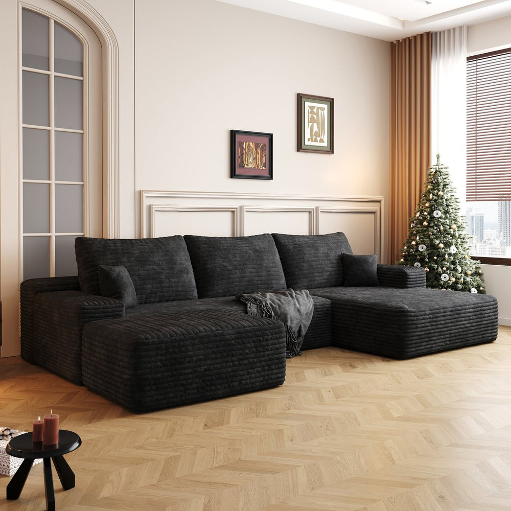 English Elm 107" Cloud Sectional Sofa With Ottoman - Plush Black Corduroy U-Shaped Couch For Ultimate Comfort W2824S00027