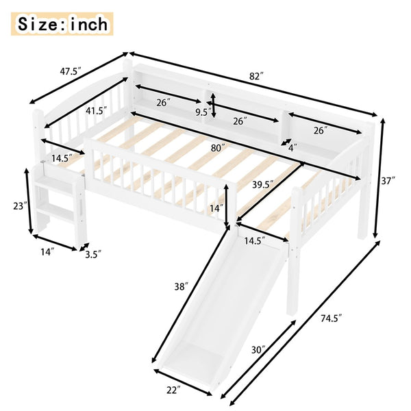 English Elm Twin Xl Solid Pine Loft Bed with Built-in Led Lighting and Storage Shelves Light White W1580S00364