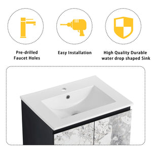 English Elm 24" Wall-Mounted Bathroom Vanity Set With Soft Close Doors, Ceramic Sink, And Side Cabinet Storage W999S00330