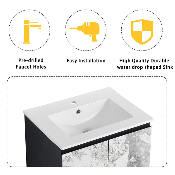English Elm 24" Wall-Mounted Bathroom Vanity Set With Soft Close Doors, Ceramic Sink, And Side Cabinet Storage W999S00330