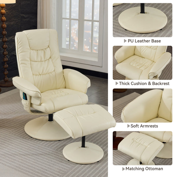 English Elm 015-Recliner Ergonomic Swivel Massage Chair with Ottoman, Heated 5-Point Vibration, 140° PU Recliner Beige W2636P262437