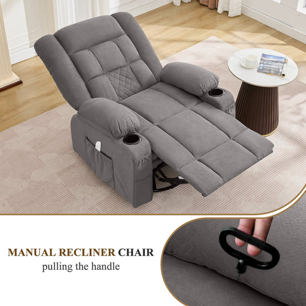 English Elm Kneading Massage Rocker Recliner with 4‑Point 3D Kneading, Heat, USB Port, Cup Holders & Swivel Comfort Grey W1521P390945