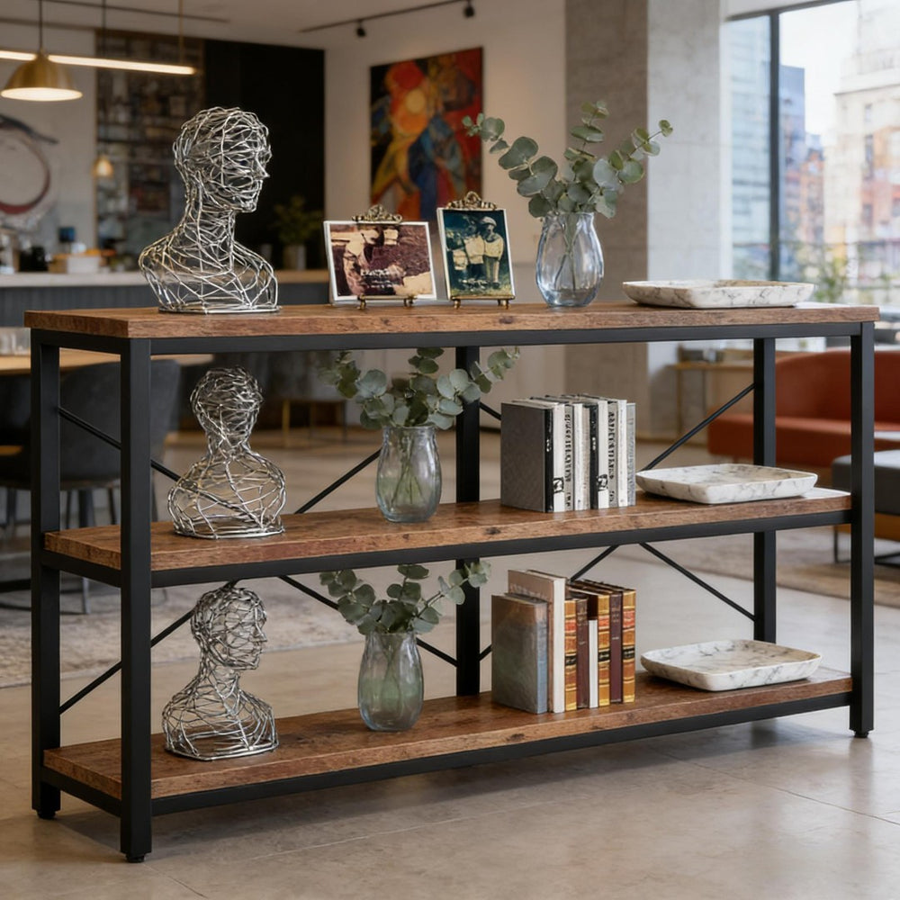 English Elm Hall Console Table Industrial Rustic Two Tier Wood Tone Metal Frame Entryway Sofa T3971P453148