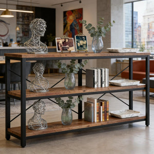 English Elm Hall Console Table Industrial Rustic Two Tier Wood Tone Metal Frame Entryway Sofa T3971P453148