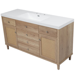 English Elm 60" Boutique Bathroom Vanity Rattan Doors Soft Close Drawers Smc Sink Pine Legs Natural Wood N817P397678N