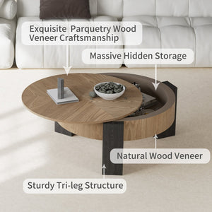 English Elm 33'' Round Coffee Table Parquet Veneer Flip Top Hidden Storage Wabi-sabi Living Room Matte Black,Natural Wood W1435P419318