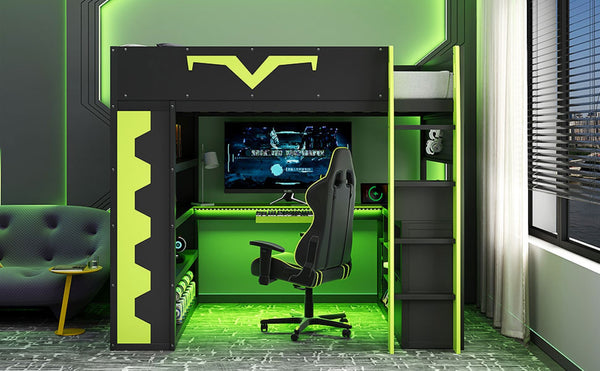 English Elm Full Size Gaming Loft Bed with Desk Rgb Lighting Power Outlet and Storage Drawer Green LT000285AAF