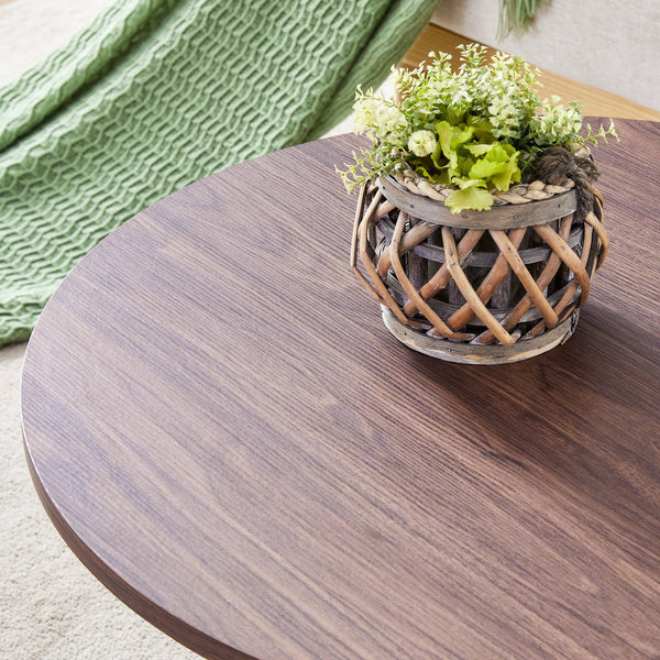 English Elm A modern circular coffee table Walnut 27.5" MDF top with cylindrical Roman legs, hidden storage, vintage flair W1151P270614