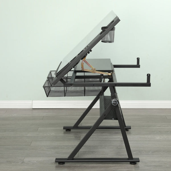 English Elm Black Tempered Glass Drafting Table with Stool Tilt Adjustable Artist Studio Desk W34737210