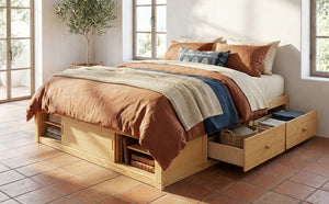 English Elm Queen Platform Bed with Four Storage Drawers Footboard Cubby Modern Low Profile Frame Natural LP000138AAN