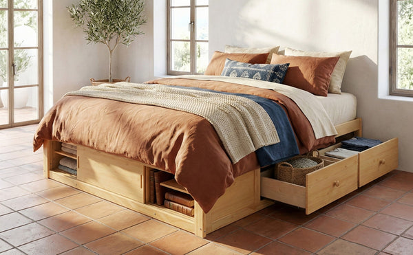 English Elm Queen Platform Bed with Four Storage Drawers Footboard Cubby Modern Low Profile Frame Natural LP000138AAN
