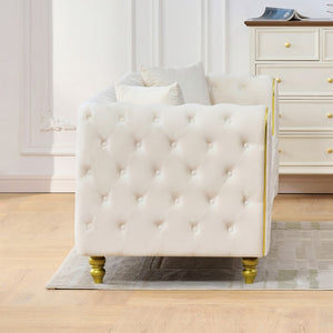 English Elm 86" Chesterfield Velvet Three Seat Sofa Button Tufted Rolled Arms Gold Legs Living Room Beige W3373S00079